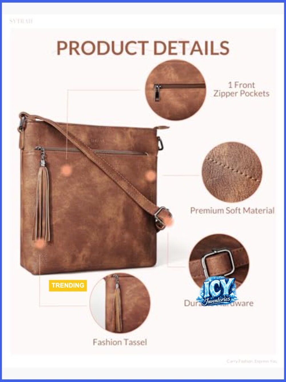 Vegan Leather Crossbody Bag with Tassel Adjustable Shoulder Purse - Picture 6 of 7